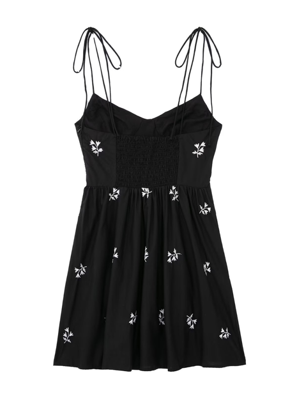 Blue Zone Planet | Flower suspender embroidered waist dress-TOPS / DRESSES-[Adult]-[Female]-Black-XS-2022 Online Blue Zone Planet