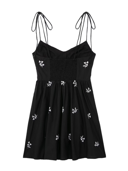 Blue Zone Planet | Flower suspender embroidered waist dress-TOPS / DRESSES-[Adult]-[Female]-Black-XS-2022 Online Blue Zone Planet