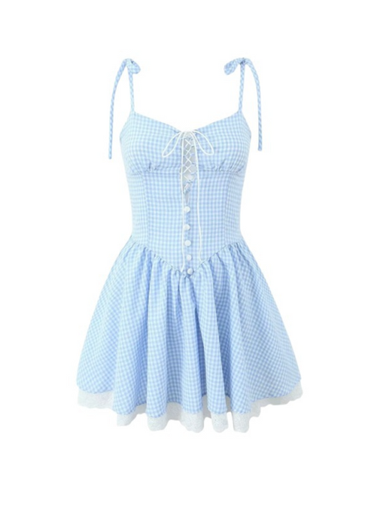 Blue Zone Planet | Lace and plaid suspender dress-TOPS / DRESSES-[Adult]-[Female]-Blue-S-2022 Online Blue Zone Planet