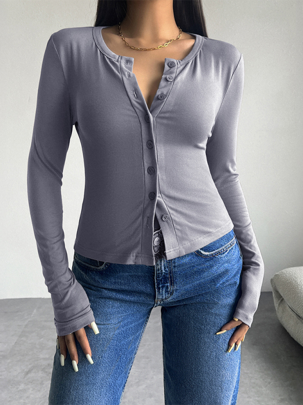 Solid Color Cardigan Button-Down Long Sleeve T-Shirt-TOPS / DRESSES-[Adult]-[Female]-Blue grey-S-2022 Online Blue Zone Planet