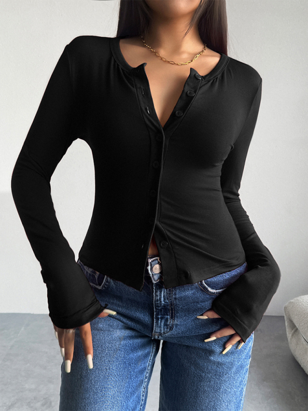 Solid Color Cardigan Button-Down Long Sleeve T-Shirt-TOPS / DRESSES-[Adult]-[Female]-2022 Online Blue Zone Planet