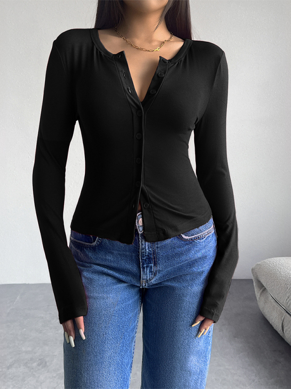 Solid Color Cardigan Button-Down Long Sleeve T-Shirt-TOPS / DRESSES-[Adult]-[Female]-2022 Online Blue Zone Planet