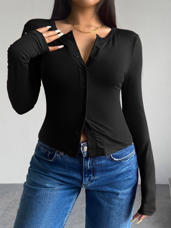 Solid Color Cardigan Button-Down Long Sleeve T-Shirt-TOPS / DRESSES-[Adult]-[Female]-Black-S-2022 Online Blue Zone Planet