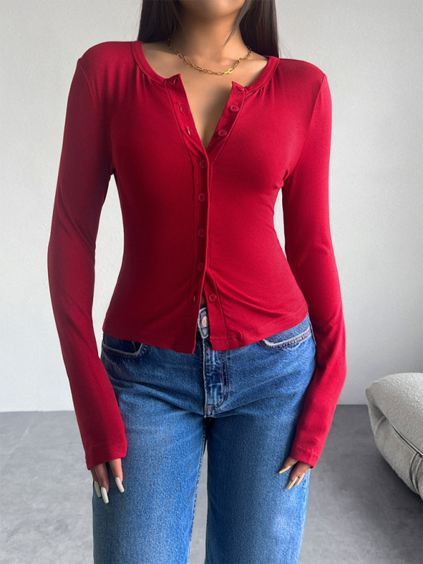 Solid Color Cardigan Button-Down Long Sleeve T-Shirt-TOPS / DRESSES-[Adult]-[Female]-Wine Red-S-2022 Online Blue Zone Planet