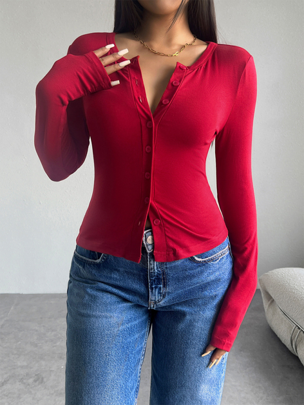 Solid Color Cardigan Button-Down Long Sleeve T-Shirt-TOPS / DRESSES-[Adult]-[Female]-2022 Online Blue Zone Planet
