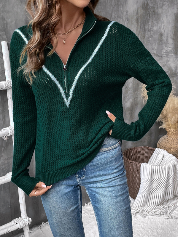 Blue Zone Planet | knitted pullover retro dark green lapel sweater-TOPS / DRESSES-[Adult]-[Female]-2022 Online Blue Zone Planet