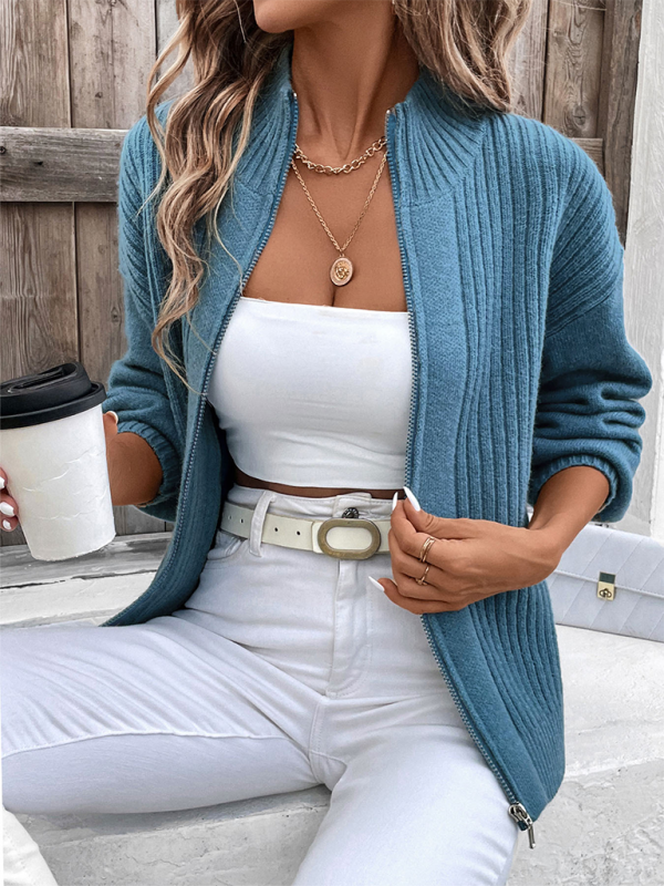 Blue Zone Planet | Stand collar solid color cardigan sweater jacket-TOPS / DRESSES-[Adult]-[Female]-2022 Online Blue Zone Planet