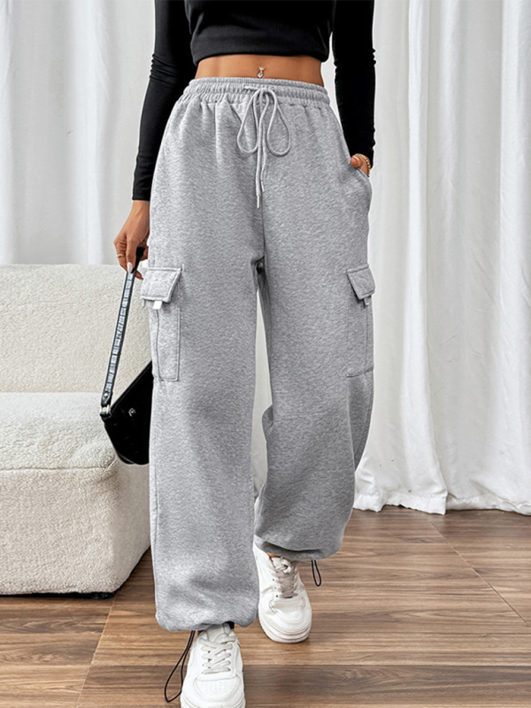 Blue Zone Planet | Casual elastic high waist patchwork pocket straight pants-[Adult]-[Female]-Grey-S-2022 Online Blue Zone Planet