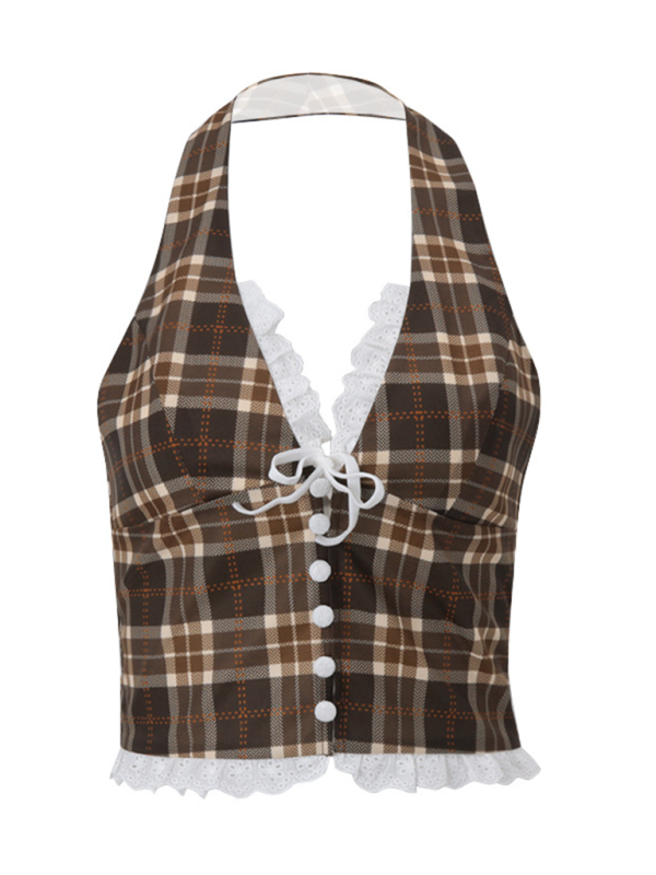 New Fashion Sexy French Sweet Retro Plaid Halter Vest Top-[Adult]-[Female]-2022 Online Blue Zone Planet