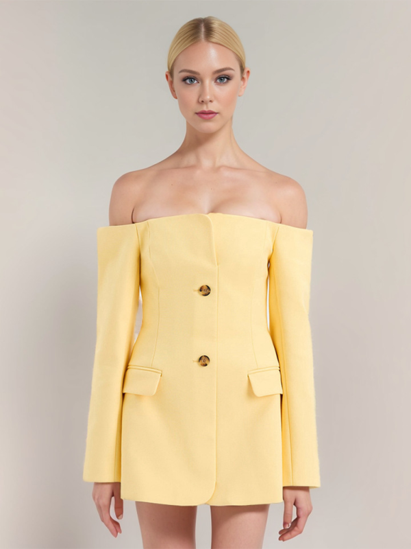 Off-shoulder one-shoulder collar goose yellow suit jacket single-breasted mid-length dress-[Adult]-[Female]-Light yellow-S-2022 Online Blue Zone Planet