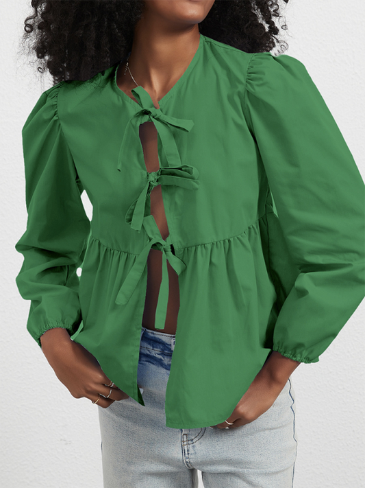 Loose Sweet Lace-Up Shirt Top-[Adult]-[Female]-Green black jasper-XS-2022 Online Blue Zone Planet