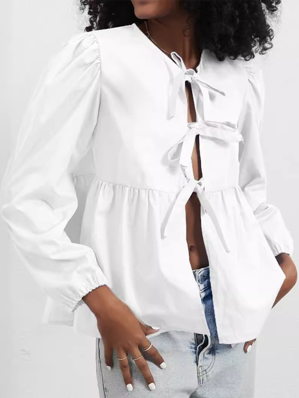 Loose Sweet Lace-Up Shirt Top-[Adult]-[Female]-White-XS-2022 Online Blue Zone Planet