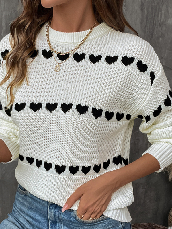 Blue Zone Planet | White Long Sleeve Heart Sweater-TOPS / DRESSES-[Adult]-[Female]-2022 Online Blue Zone Planet