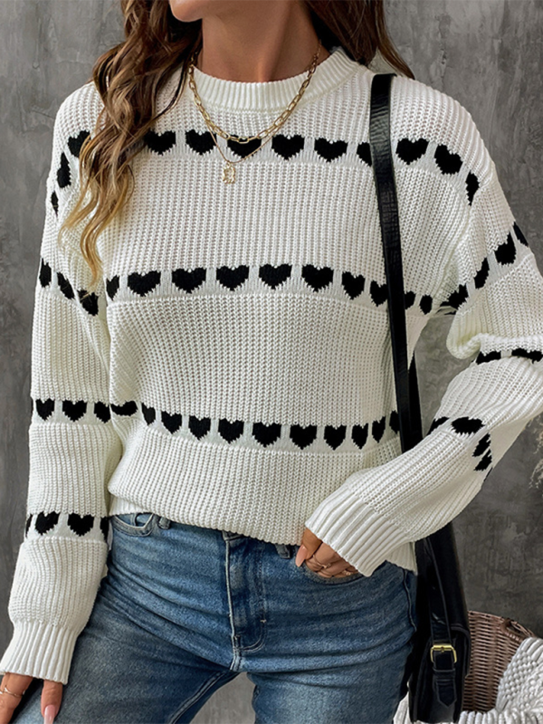 Blue Zone Planet | White Long Sleeve Heart Sweater-TOPS / DRESSES-[Adult]-[Female]-2022 Online Blue Zone Planet