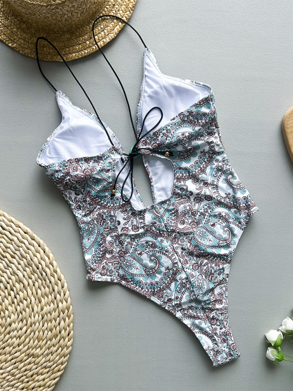 Blue Zone Planet | Deep V halter print one-piece swimsuit-TOPS / DRESSES-[Adult]-[Female]-2022 Online Blue Zone Planet