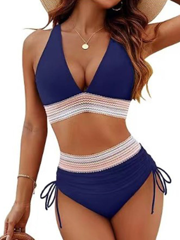 Blue Zone Planet | High waist two piece set V neck tie bikini-TOPS / DRESSES-[Adult]-[Female]-Champlain color-S-2022 Online Blue Zone Planet