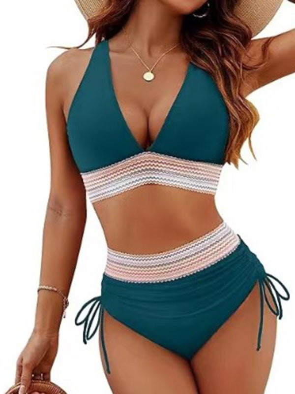 Blue Zone Planet | High waist two piece set V neck tie bikini-TOPS / DRESSES-[Adult]-[Female]-Peacock blue-S-2022 Online Blue Zone Planet