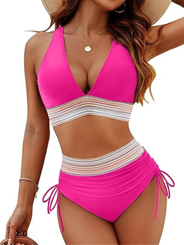 Blue Zone Planet | High waist two piece set V neck tie bikini-TOPS / DRESSES-[Adult]-[Female]-Rose-S-2022 Online Blue Zone Planet