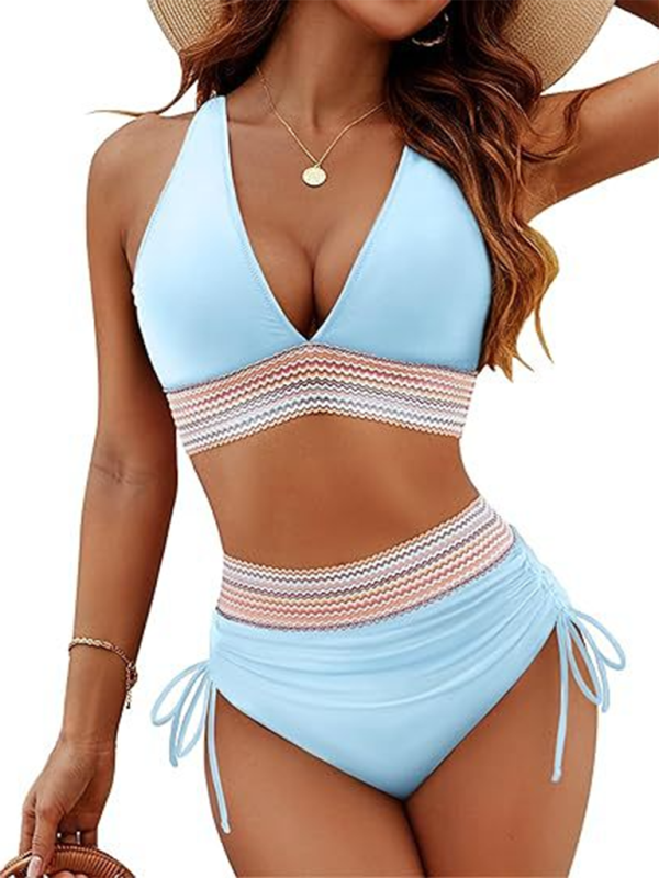 Blue Zone Planet | High waist two piece set V neck tie bikini-TOPS / DRESSES-[Adult]-[Female]-Sky blue azure-S-2022 Online Blue Zone Planet