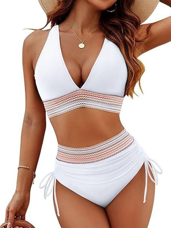 Blue Zone Planet | High waist two piece set V neck tie bikini-TOPS / DRESSES-[Adult]-[Female]-White-S-2022 Online Blue Zone Planet