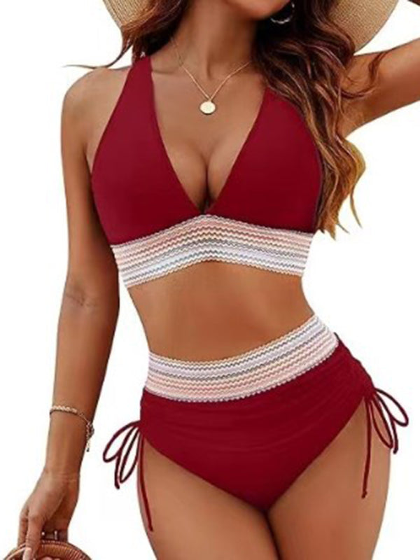 Blue Zone Planet | High waist two piece set V neck tie bikini-TOPS / DRESSES-[Adult]-[Female]-Wine Red-S-2022 Online Blue Zone Planet