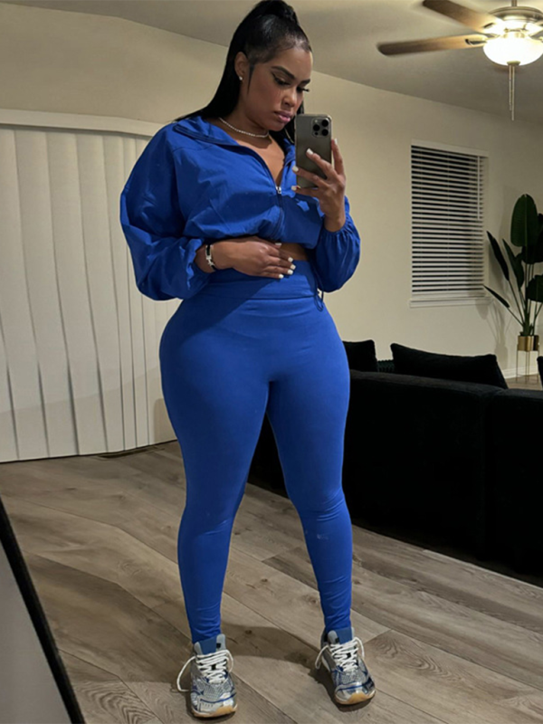 Crop Top High Waist Tight Drawstring Pants Suit-[Adult]-[Female]-Blue-S-2022 Online Blue Zone Planet