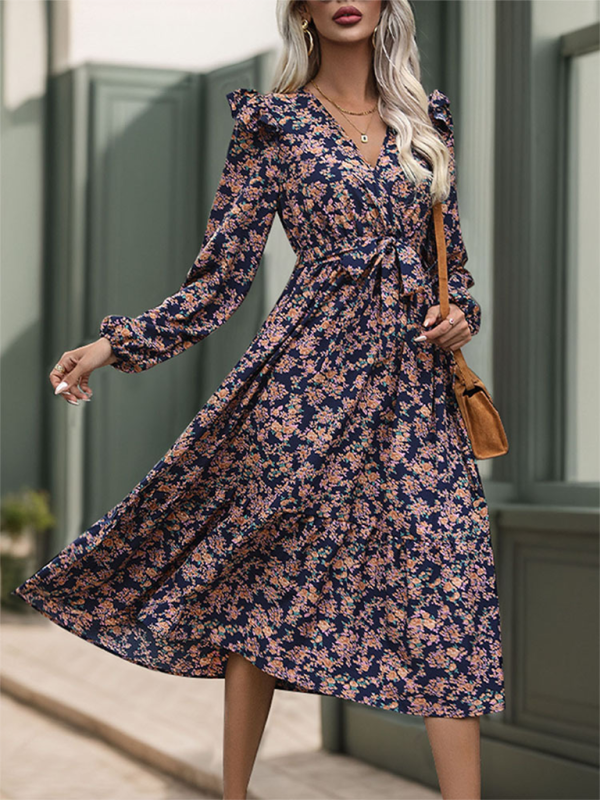 Ruffled long sleeve printed v-neck dress-TOPS / DRESSES-[Adult]-[Female]-2022 Online Blue Zone Planet