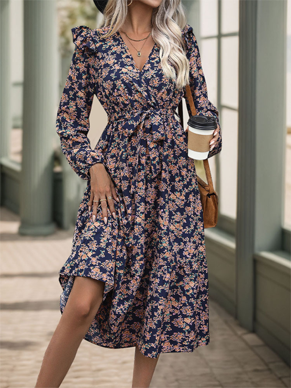 Ruffled long sleeve printed v-neck dress-TOPS / DRESSES-[Adult]-[Female]-2022 Online Blue Zone Planet