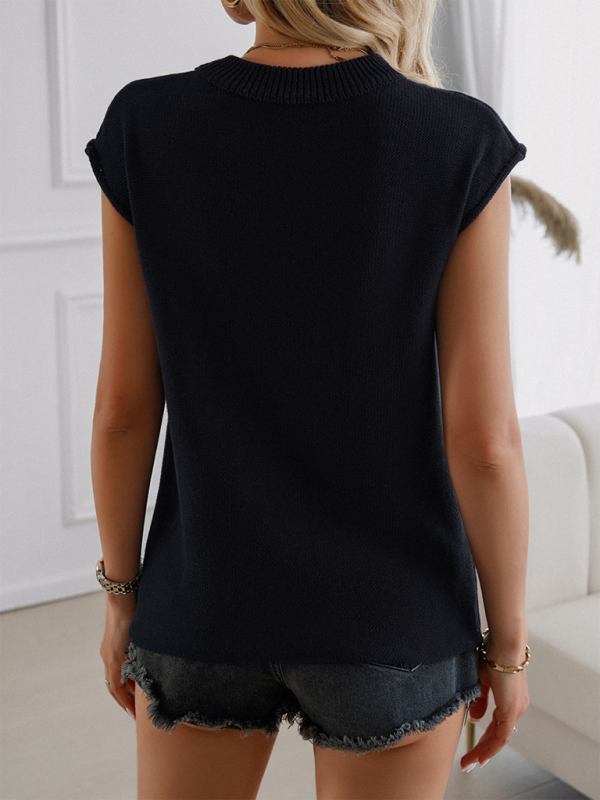 Blue Zone Planet | Casual Loose-fitting Crew Neck Contrast Flag Sleeveless Sweater-[Adult]-[Female]-2022 Online Blue Zone Planet