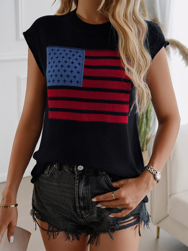 Blue Zone Planet | Casual Loose-fitting Crew Neck Contrast Flag Sleeveless Sweater-[Adult]-[Female]-2022 Online Blue Zone Planet