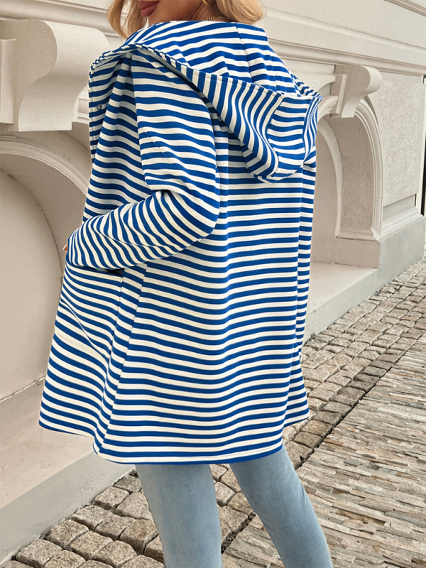 Blue Zone Planet | New Striped Cardigan Hooded Knit Long Sleeve Coat-TOPS / DRESSES-[Adult]-[Female]-2022 Online Blue Zone Planet