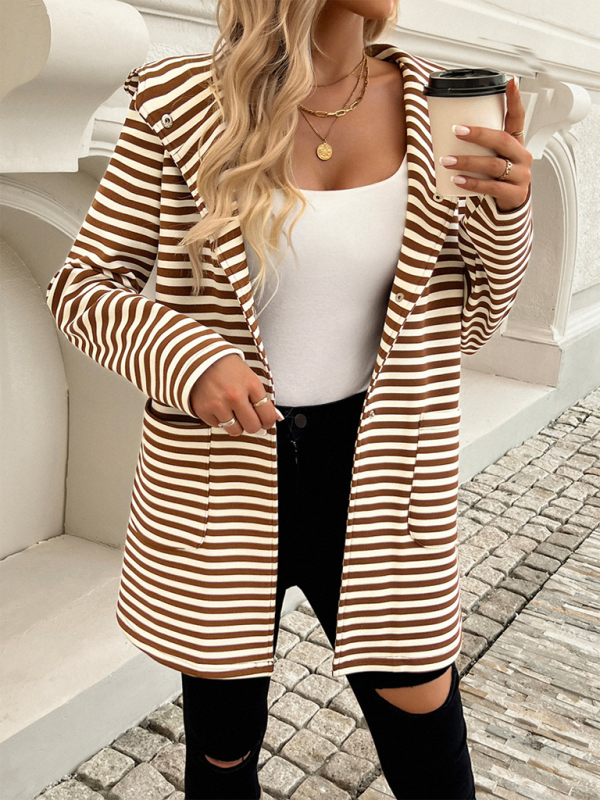 Blue Zone Planet | New Striped Cardigan Hooded Knit Long Sleeve Coat-TOPS / DRESSES-[Adult]-[Female]-Brown-S-2022 Online Blue Zone Planet