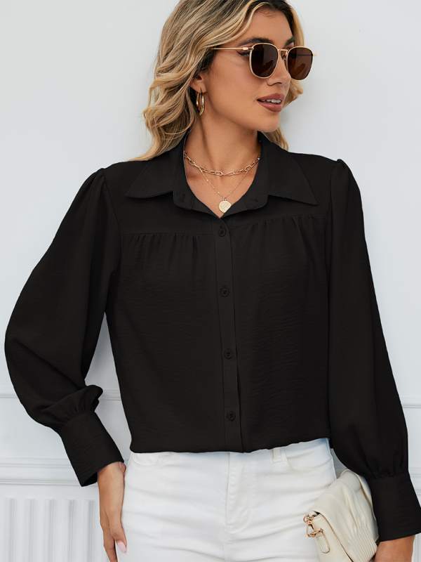 Blue Zone Planet | chiffon loose long-sleeved button-down shirt top-TOPS / DRESSES-[Adult]-[Female]-Black-S-2022 Online Blue Zone Planet