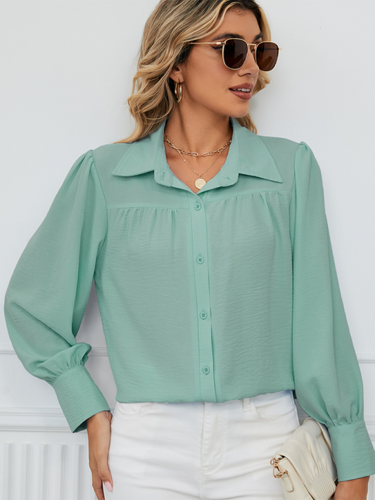 Blue Zone Planet | chiffon loose long-sleeved button-down shirt top-TOPS / DRESSES-[Adult]-[Female]-Pea green grey-S-2022 Online Blue Zone Planet