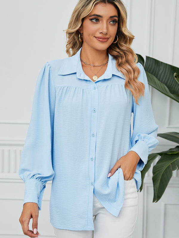 Blue Zone Planet | chiffon loose long-sleeved button-down shirt top-TOPS / DRESSES-[Adult]-[Female]-Sky blue azure-S-2022 Online Blue Zone Planet