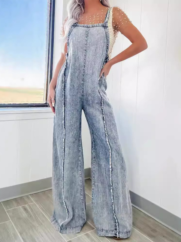 Blue Zone Planet | Vintage washed raw edge wide leg jumpsuit loose overalls-TOPS / DRESSES-[Adult]-[Female]-2022 Online Blue Zone Planet