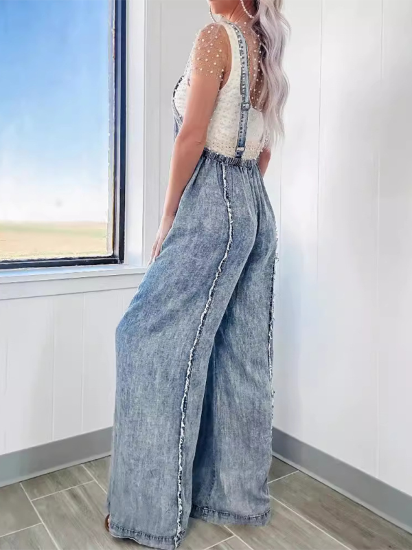 Blue Zone Planet | Vintage washed raw edge wide leg jumpsuit loose overalls-TOPS / DRESSES-[Adult]-[Female]-2022 Online Blue Zone Planet