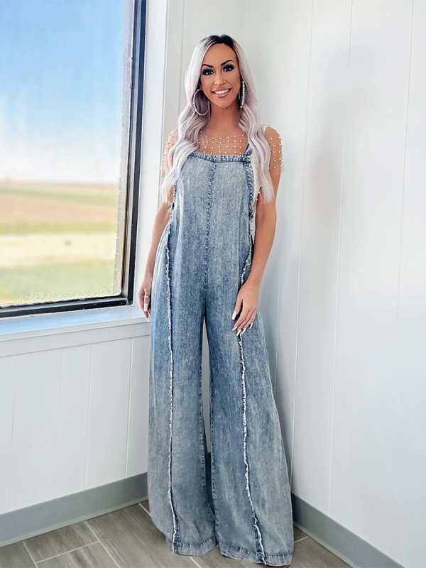 Blue Zone Planet | Vintage washed raw edge wide leg jumpsuit loose overalls-TOPS / DRESSES-[Adult]-[Female]-2022 Online Blue Zone Planet