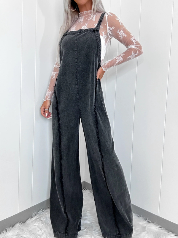 Blue Zone Planet | Vintage washed raw edge wide leg jumpsuit loose overalls-TOPS / DRESSES-[Adult]-[Female]-2022 Online Blue Zone Planet