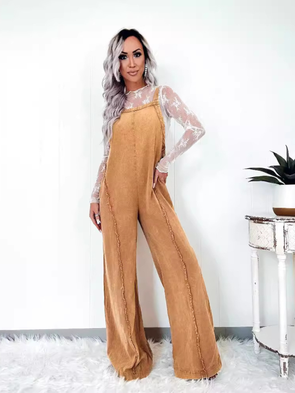 Blue Zone Planet | Vintage washed raw edge wide leg jumpsuit loose overalls-TOPS / DRESSES-[Adult]-[Female]-2022 Online Blue Zone Planet