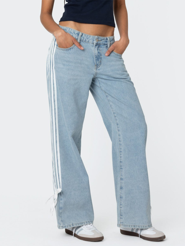 Blue Zone Planet | Fashion loose side drawstring wide-leg jeans-TOPS / DRESSES-[Adult]-[Female]-Clear blue-S-2022 Online Blue Zone Planet