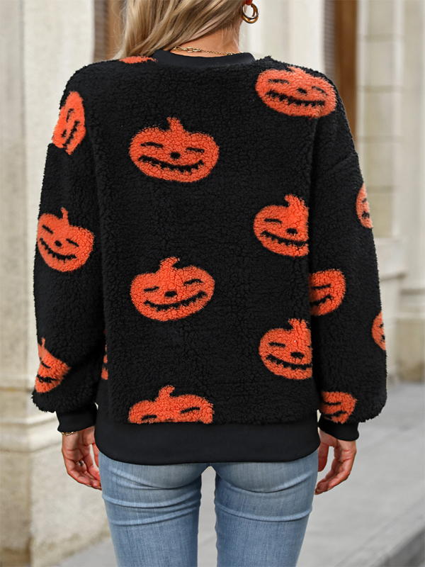 Blue Zone Planet | Fashion Loose Halloween Print Plush Loose Pullover Sweatshirt-TOPS / DRESSES-[Adult]-[Female]-2022 Online Blue Zone Planet