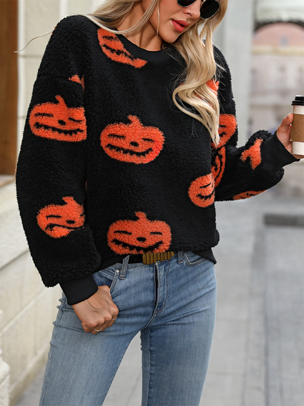 Blue Zone Planet | Fashion Loose Halloween Print Plush Loose Pullover Sweatshirt-TOPS / DRESSES-[Adult]-[Female]-2022 Online Blue Zone Planet