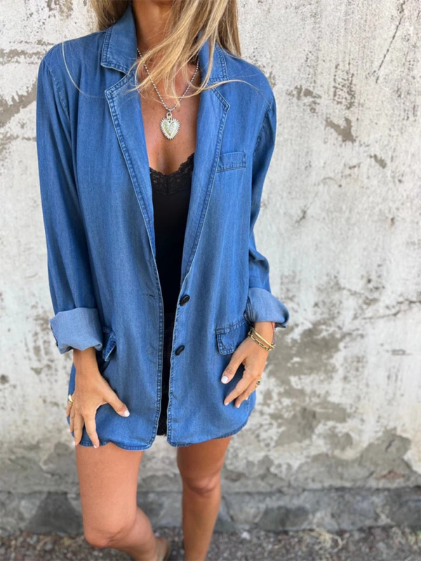 Blue Zone Planet | loose lapel suit collar denim jacket-TOPS / DRESSES-[Adult]-[Female]-2022 Online Blue Zone Planet