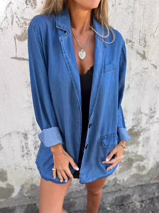 Blue Zone Planet | loose lapel suit collar denim jacket-TOPS / DRESSES-[Adult]-[Female]-Blue-S-2022 Online Blue Zone Planet