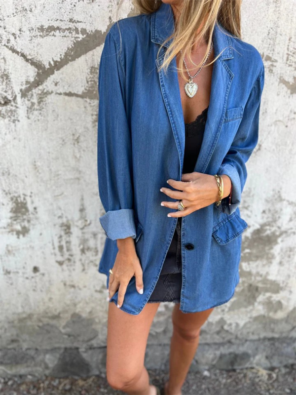 Blue Zone Planet | loose lapel suit collar denim jacket-TOPS / DRESSES-[Adult]-[Female]-2022 Online Blue Zone Planet