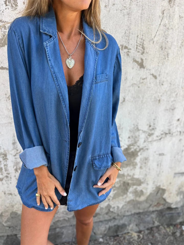 Blue Zone Planet | loose lapel suit collar denim jacket-TOPS / DRESSES-[Adult]-[Female]-2022 Online Blue Zone Planet