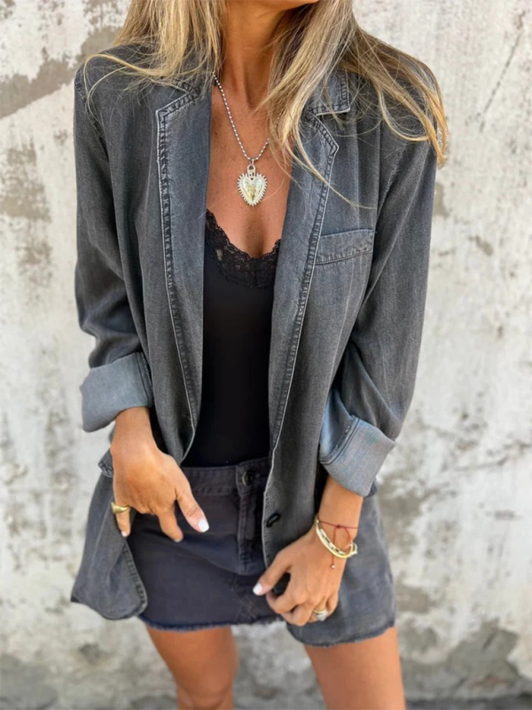 Blue Zone Planet | loose lapel suit collar denim jacket-TOPS / DRESSES-[Adult]-[Female]-Grey-S-2022 Online Blue Zone Planet