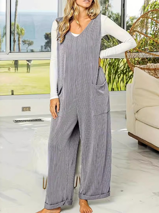 Katy's V-neck Sleeveless Loose Straight Wide-leg Jumpsuit-TOPS / DRESSES-[Adult]-[Female]-Silver grey-S-2022 Online Blue Zone Planet