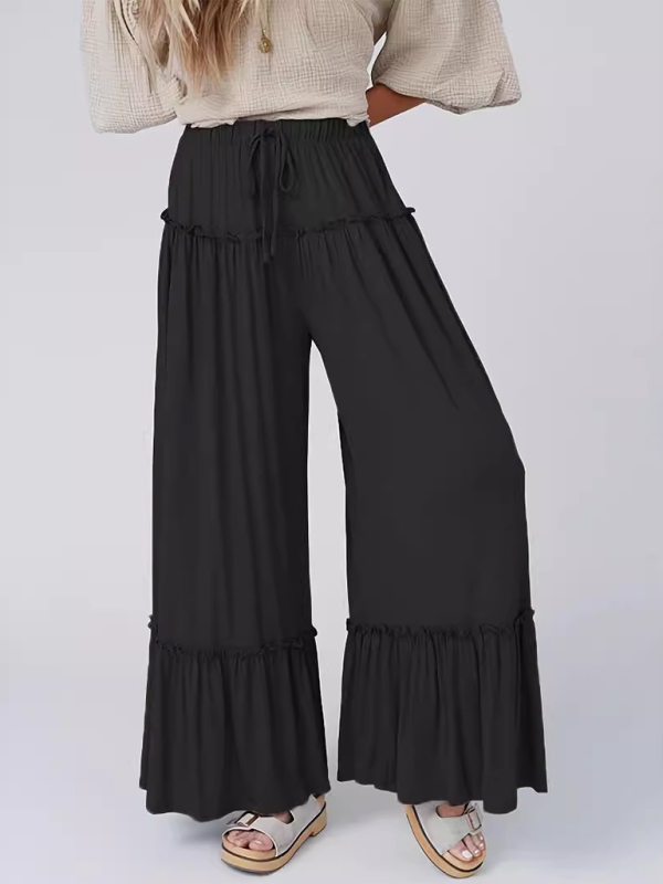 Blue Zone Planet | solid color high waist pants drawstring wide leg trousers-TOPS / DRESSES-[Adult]-[Female]-Black-S-2022 Online Blue Zone Planet